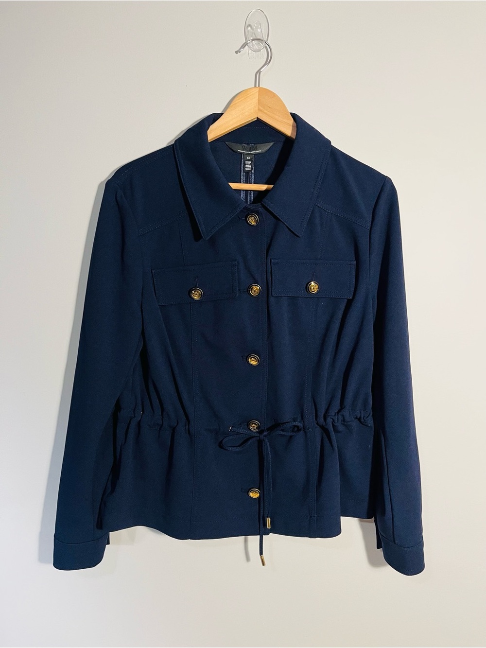 WHBM Refined Stretch Shacket Navy Blue Gold Buttons NWT